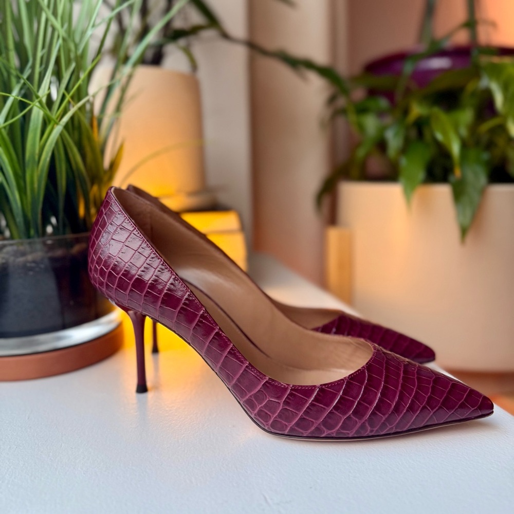 NWT Aquazzura Burgundy Croc Embossed Leather Pointed Toe Stiletto Pumps IT 36 - Picture 4 of 7